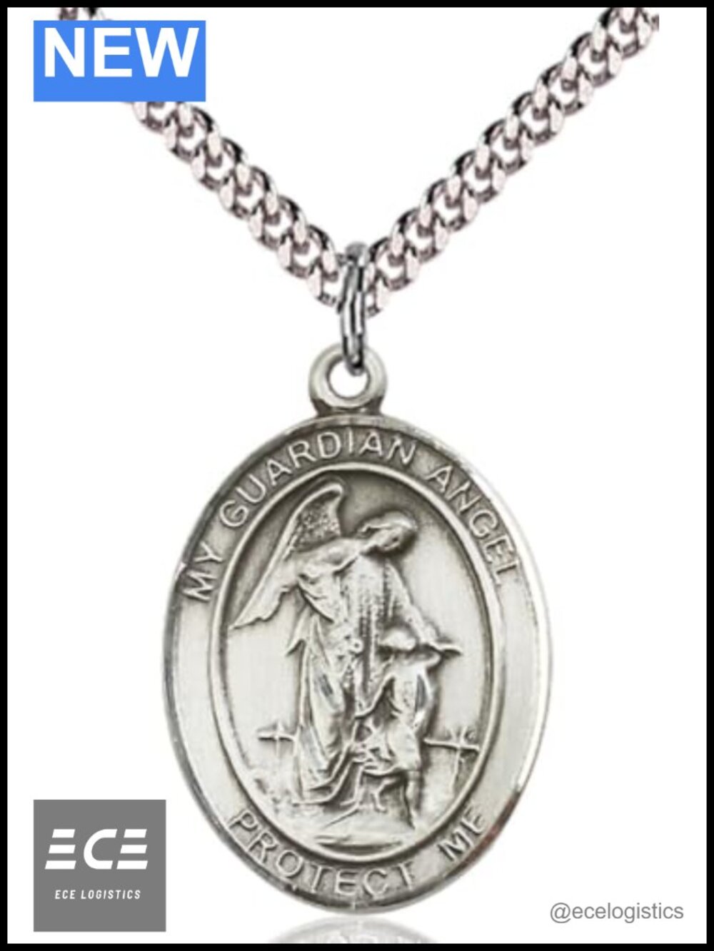 Sterling Silver Guardian Angel Pendant Necklace 24" Stainless Steel Chain